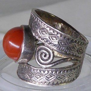 Sterling Silver & Orange Stone Wide Band Tribal Ring 925 K Thai Size 6